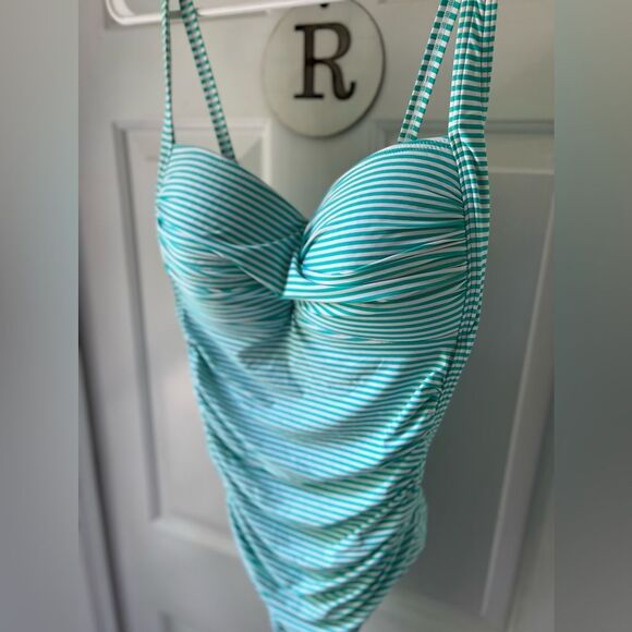 Bond eye Australia teal/white striped one piece bathing suit flattering 14 US - Picture 3 of 6